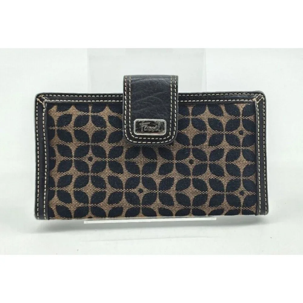 Vintage Fossil Wallet Bi-Fold Brown Textile/Leather Snap Front Zip‎ Pocket 7